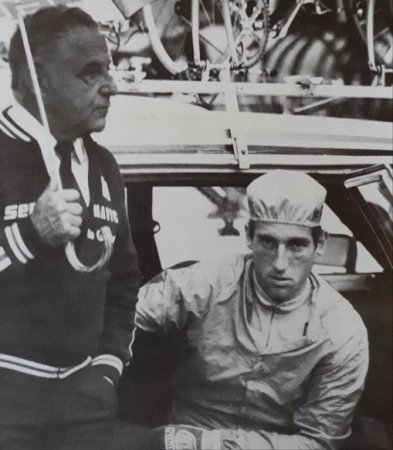 Jean De Gribaldy and Sean Kelly before the start of the Tour of Lombardy 1983 which Kelly won in a close finish  from Greg Lemo