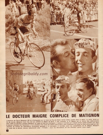 Tour de France 1969, 18 juillet, au sommet du Puy de Dôme, Pierre Matignon, lanterne rouge du Tour, l'emporte devant un certain Eddy Merckx.